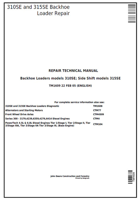 PDF John Deere 310SE, 315SE Backhoe, Side Shift Loader Service Manual TM1609