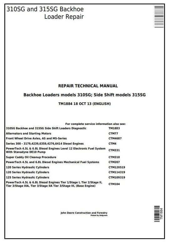 PDF John Deere 310SG 315SG Backhoe, Side Shift Loader Service Manual TM1884