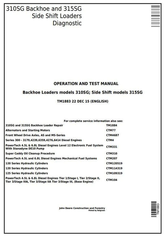 PDF John Deere 310SG, 315SG Backhoe, Side Shift Loader Diagnostic & Test Service Manual TM1883