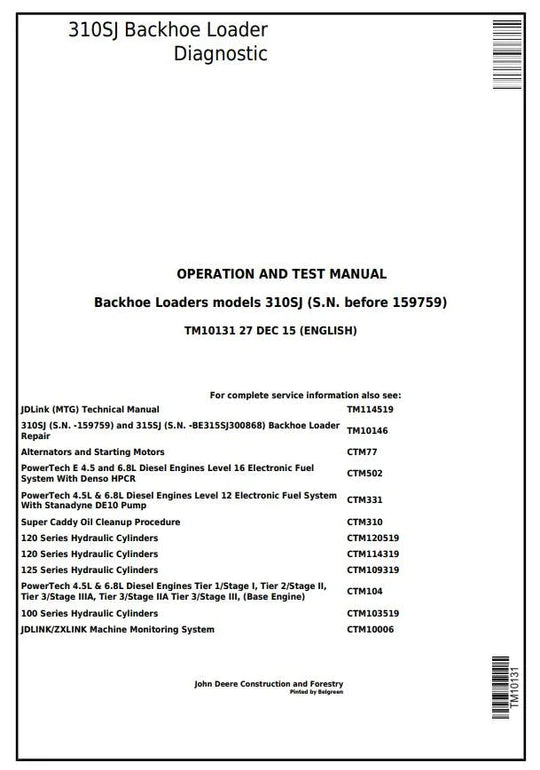 PDF John Deere 310SJ Backhoe Loader (SN.-159759) Diagnostic and Test Service Manual TM10131