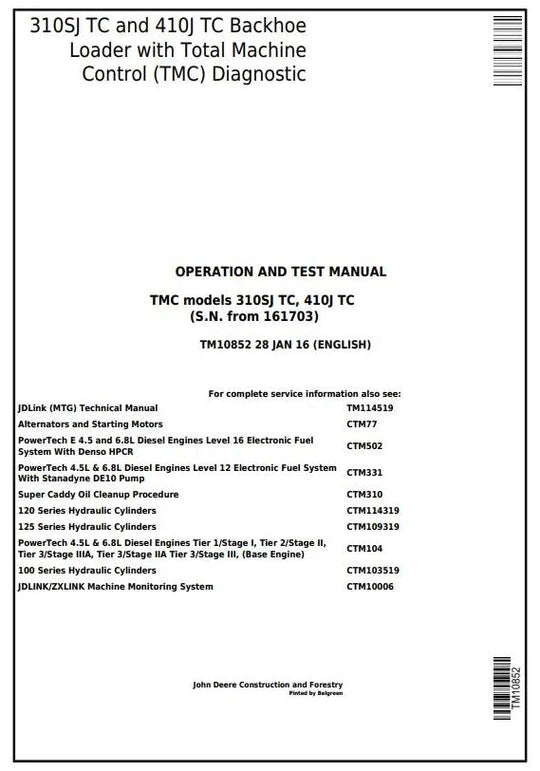 PDF John Deere 310SJ TC, 410J TC Backhoe Loader Diagnostic & Test Service Manual TM10852