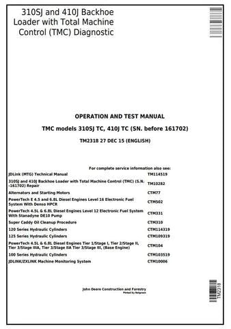 PDF John Deere 310SJ TC, 410J TC Backhoe Loader W.TMC (SN.-161702) Diagnostic & Test Service Manual TM2318