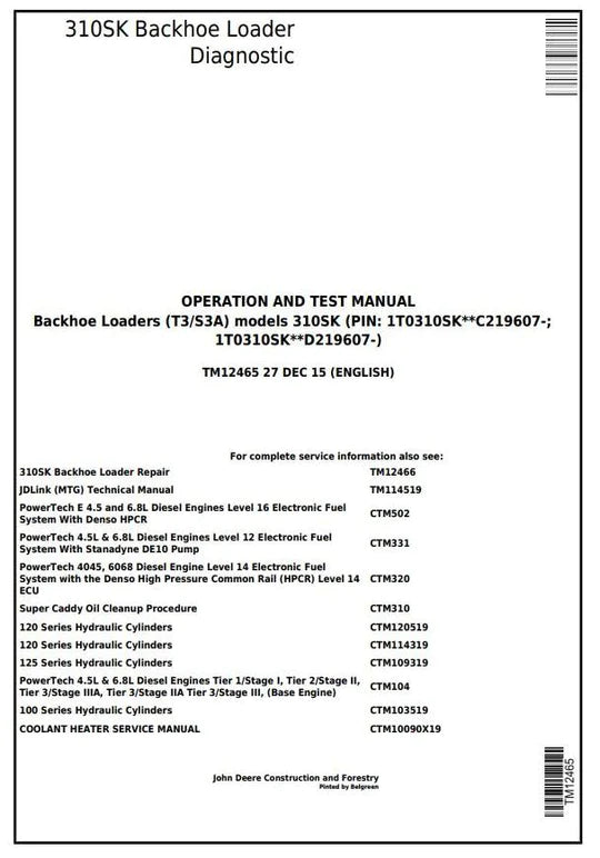 PDF John Deere 310SK (T3/S3A) Backhoe Loader (SN: D219607-) Diagnostic and Test Service Manual TM12465