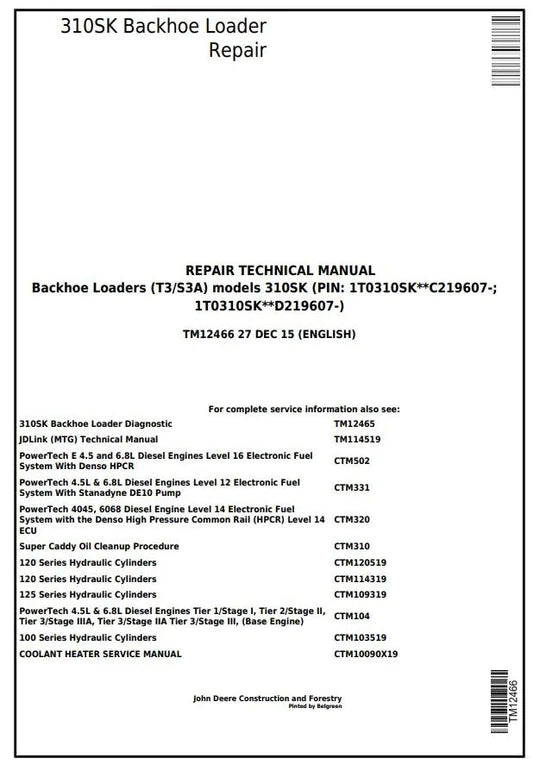 PDF John Deere 310SK (T3/S3A) Backhoe Loader (SN: D219607-) Service Manual TM12466 