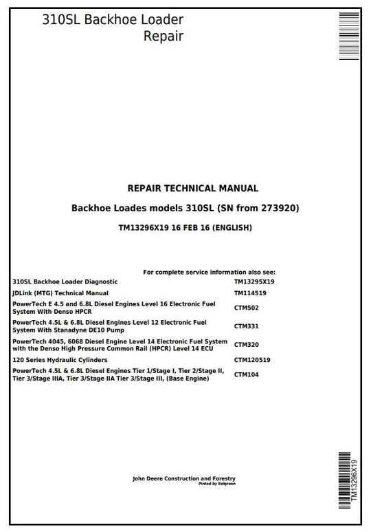 PDF John Deere 310SL Backhoe Loader Service Manual TM13296X19