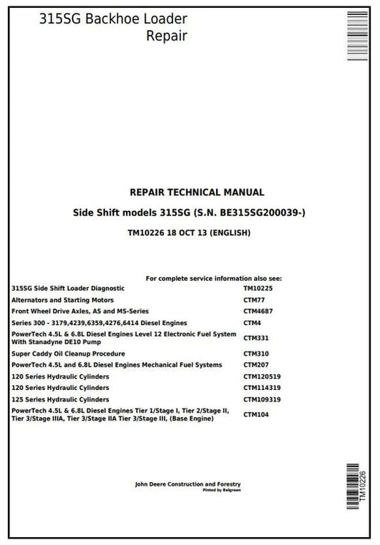 PDF John Deere 315SG Side Shift Loader (S.N. BE315SG200039-) Service Manual TM10226