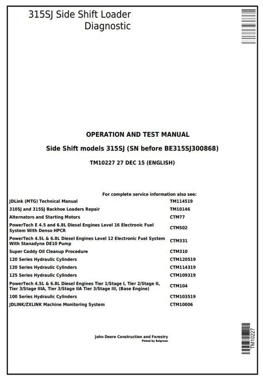 PDF John Deere 315SJ Side Shift Loader (SN:-BE315SJ300868) Diagnostic & Test Service Manual TM10227