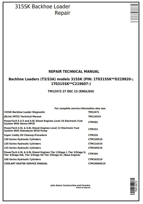 PDF John Deere 315SK (T3/S3A) Backhoe Loader (SN: D229820-) Service Manual TM12472 