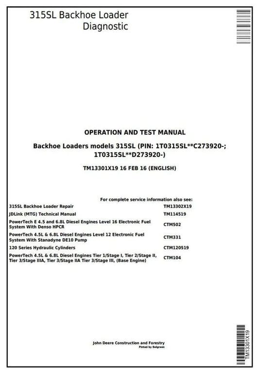 PDF John Deere 315SL Backhoe Loader Diagnostic and Test Service Manual TM13301X19