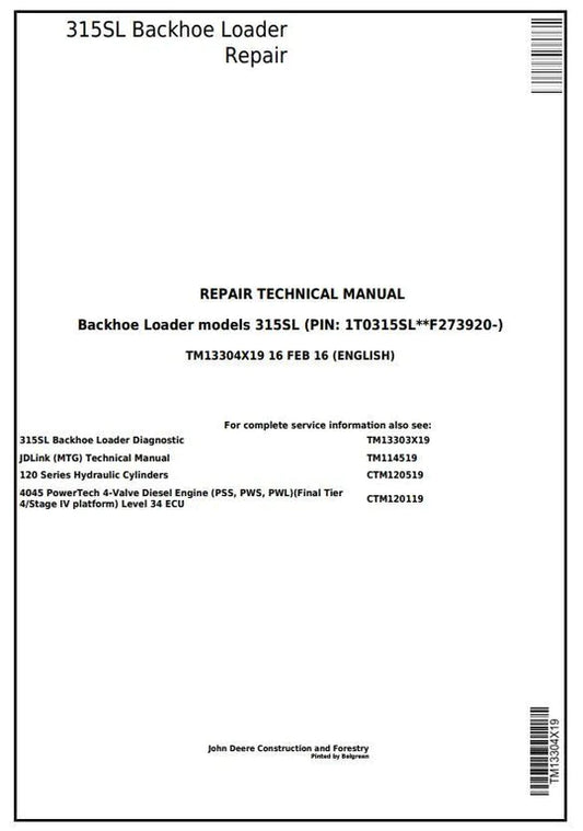 PDF John Deere 315SL Backhoe Loader Service Manual TM13304X19