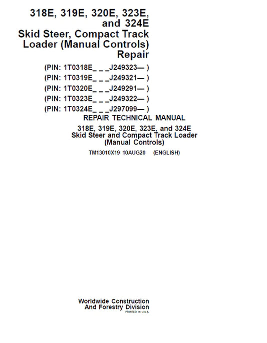 PDF John Deere 318E 319E 320E 323E Skid Steer & Compact Track Loader Service Manual TM13010X19