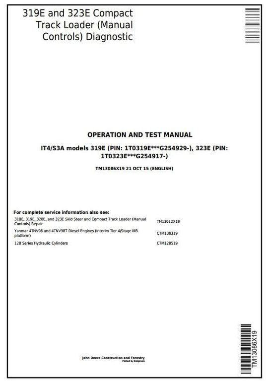 PDF John Deere 319E, 323E Compact Track Loader with Manual Controls Diagnostic & Test Service Manual TM13086X19