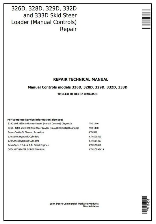 PDF John Deere 326D, 328D, 329D, 332D, 333D Skid Steer Loader W.Manual Controls Service Technical Manual TM11431