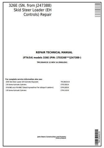 PDF John Deere 326E Skid Steer Loader (SN. J247388-) with EH Controls Service Manual TM13044X19 