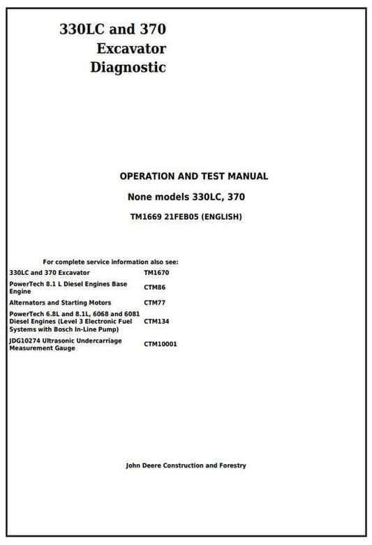 PDF John Deere 330LC, 370 Excavator Diagnostic, Operation and Test Service Manual TM1669