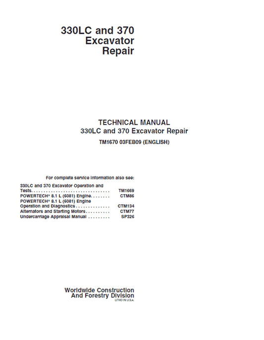 PDF John Deere 330LC, 370 Excavator Technical Service Repair Manual TM1670