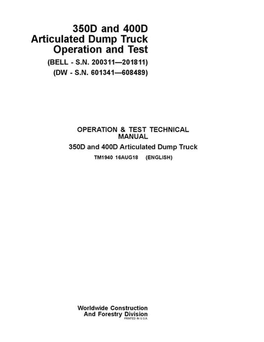 PDF John Deere 350D 400D Articulated Dump Truck Diagnostic and Test Manual TM1940