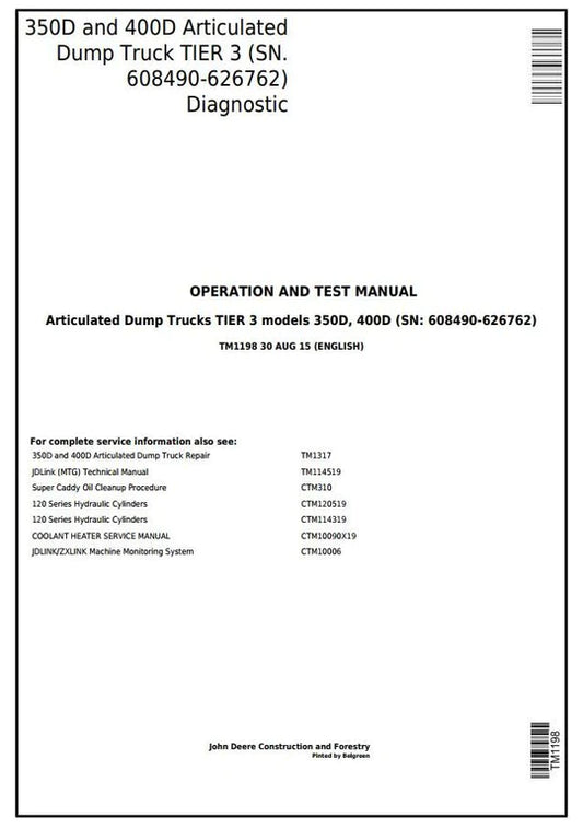 PDF John Deere 350D, 400D Articulated Dump Truck Diagnostic and Test Service Manual TM1198