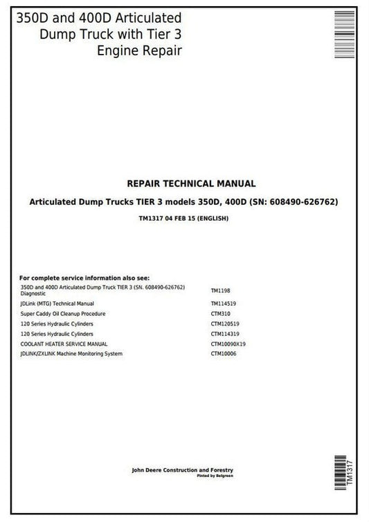 PDF John Deere 350D, 400D Articulated Dump Truck Repair Service Manual TM1317