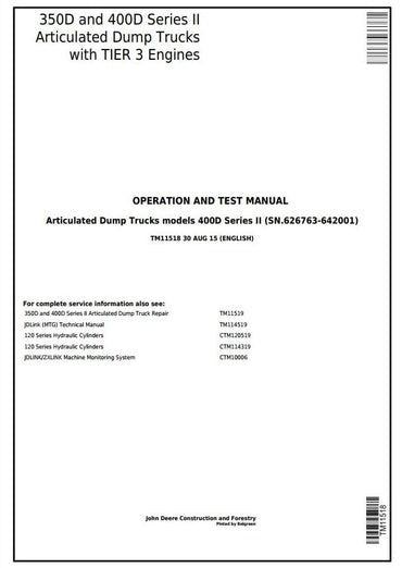 PDF John Deere 350D, 400D S2 Articulated Dump Truck Diagnostic and Test Service Manual TM11518