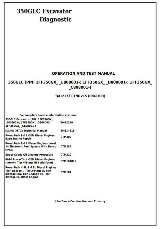 PDF John Deere 350GLC Excavator Diagnostic, Operation and Test Service Manual TM12173 