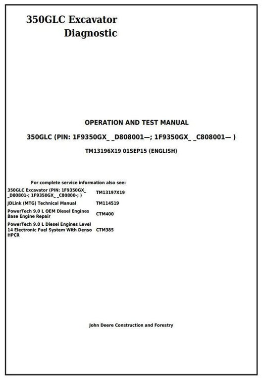 PDF John Deere 350GLC Excavator Diagnostic, Operation and Test Service Manual TM13196X19