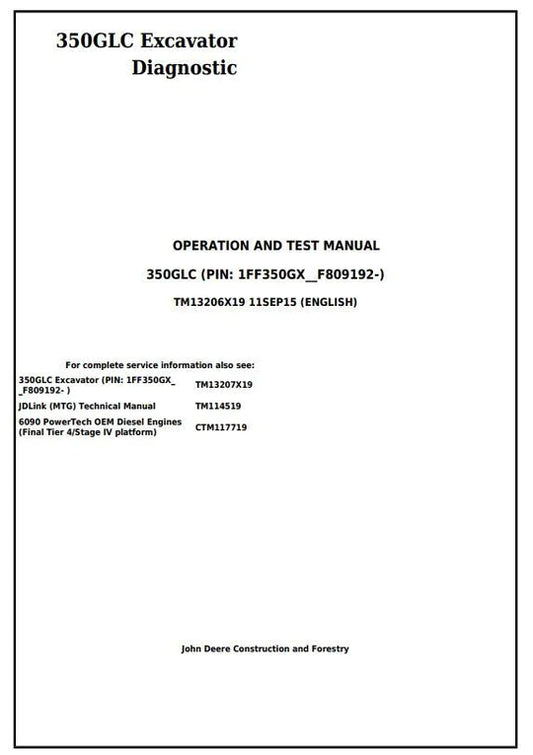 PDF John Deere 350GLC Excavator Diagnostic, Operation and Test Service Manual TM13206X19