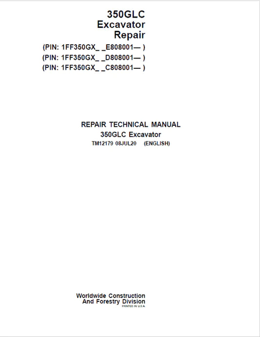 PDF John Deere 350GLC Excavator Service Technical Manual TM12179