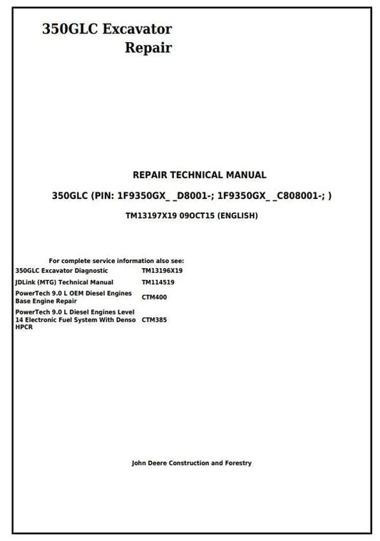 PDF John Deere 350GLC Excavator Technical Service Repair Manual TM13197X19