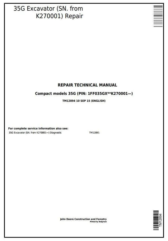 PDF John Deere 35G Compact Excavator SN: K270001 Technical Service Repair Manual TM12894