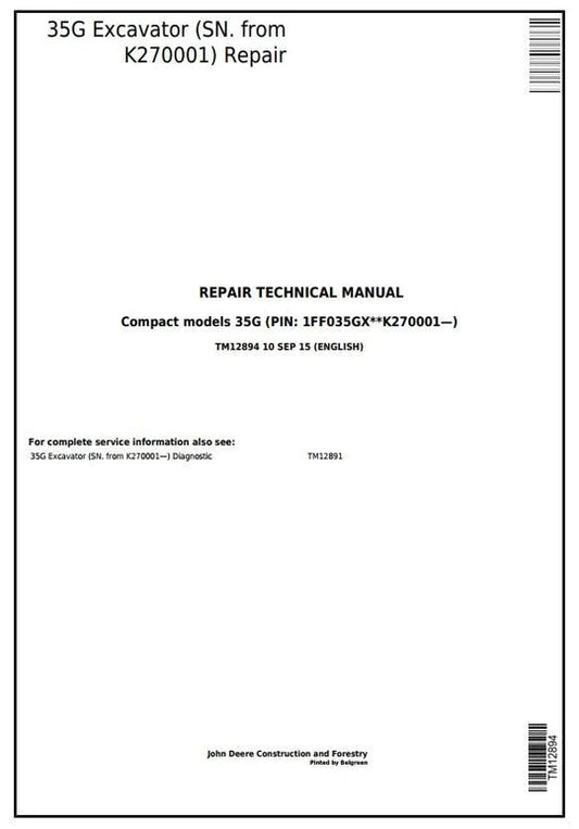 PDF John Deere 35G Compact Excavator SN: K270001 Technical Service Repair Manual TM12894
