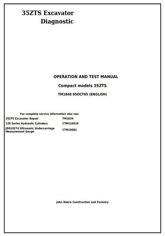 PDF John Deere 35ZTS Compact Excavator Diagnostic, Operation and Test Service Manual TM1840