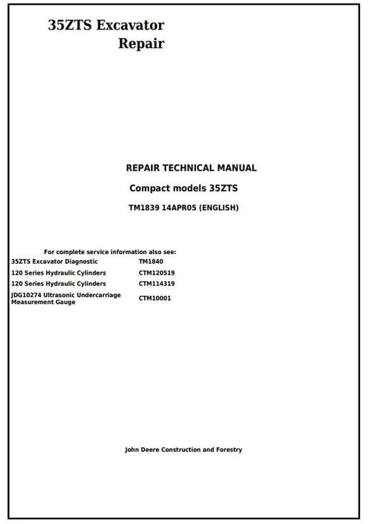 PDF John Deere 35ZTS Compact Excavator Technical Service Repair Manual TM1839