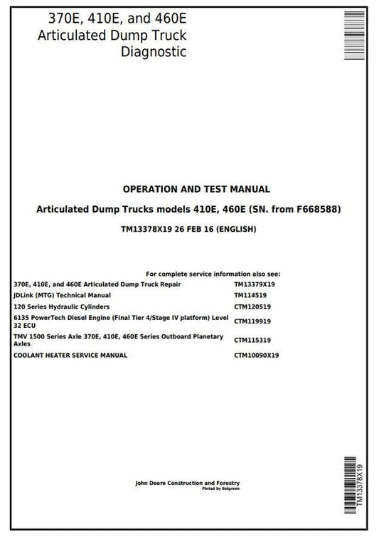 PDF John Deere 370E, 410E, 460E Articulated Dump Truck Diagnostic and Test Manual TM13378X19