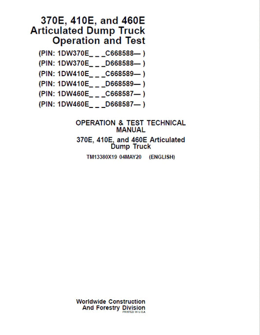 PDF John Deere 370E, 410E, 460E Articulated Dump Truck Diagnostic and Test Service Manual TM13380X19
