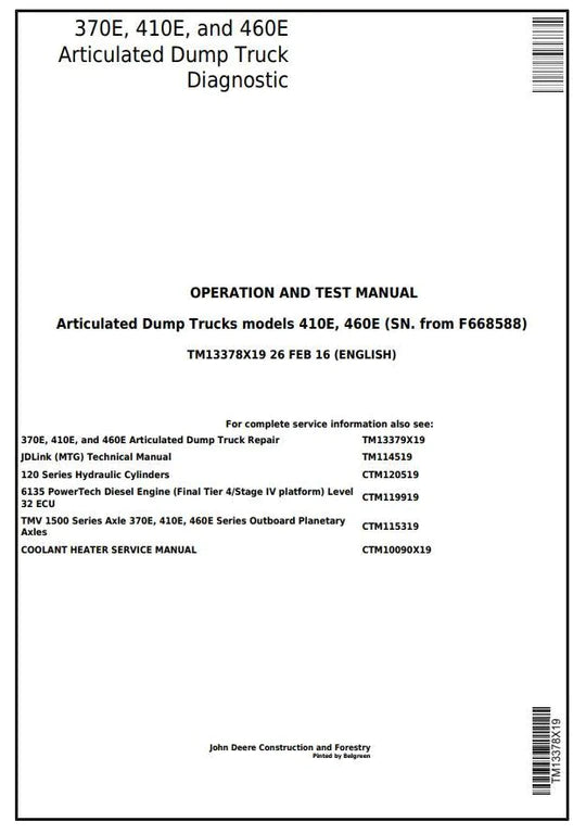 PDF John Deere 370E, 410E, 460E Articulated Dump Truck (SN.F668588-) Service Manual TM13379X19 