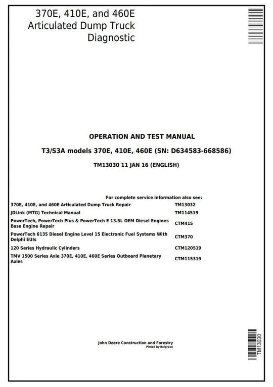 PDF John Deere 370E, 410E, 460E Articulated Dump Truck (SN: D634583-668586) Diagnostic and Test Service Manual TM13030