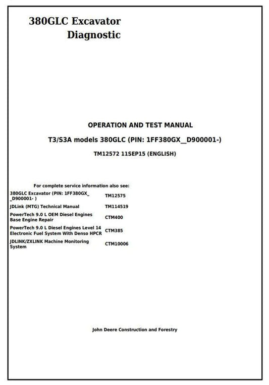 PDF John Deere 380GLC (T3/S3A) Excavator Diagnostic, Operation and Test Service Manual TM12572