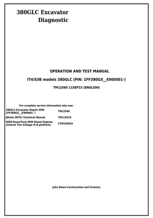 PDF John Deere 380GLC (iT4/S3B) Excavator Diagnostic, Operation and Test Service Manual TM12560