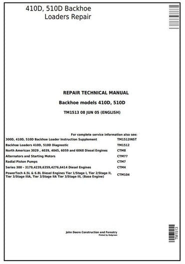 PDF John Deere 410D, 510D Backhoe Loader Service Manual TM1513