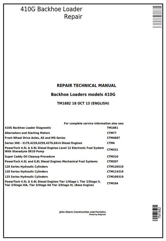 PDF John Deere 410G Backhoe Loader Service Manual TM1882