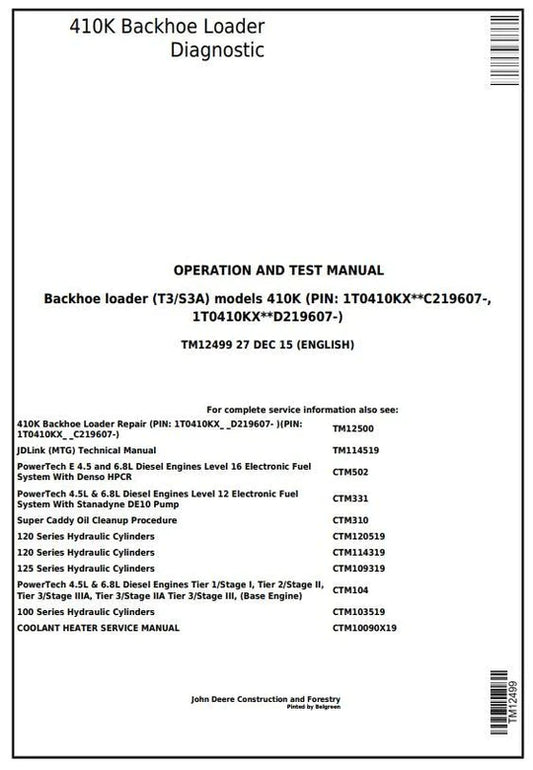 PDF John Deere 410K (T3/S3A) Backhoe Loader (SN. from 219607) Diagnostic & Test Service Manual TM12499