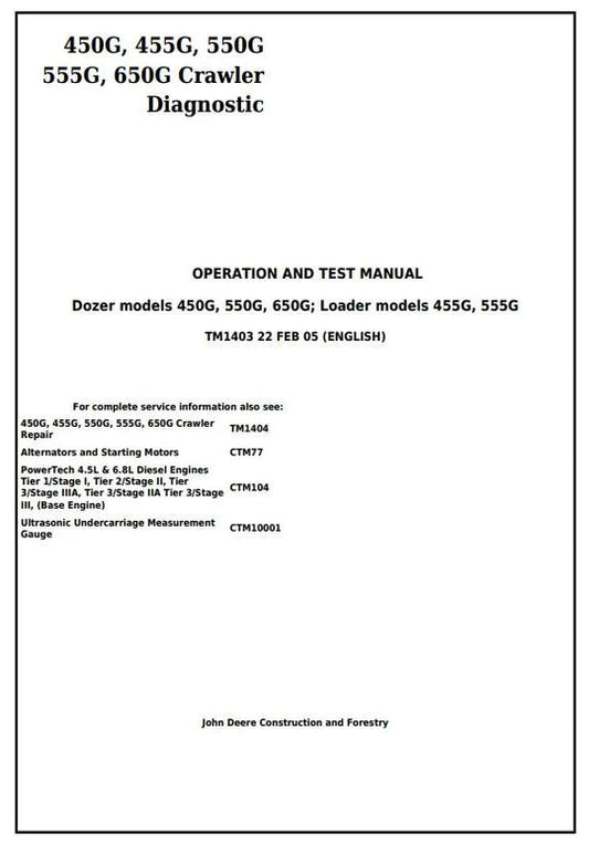 PDF John Deere 450G, 455G, 550G, 555G, 650G Crawler Dozer/Loader Diagnostic and Test Manual TM1403