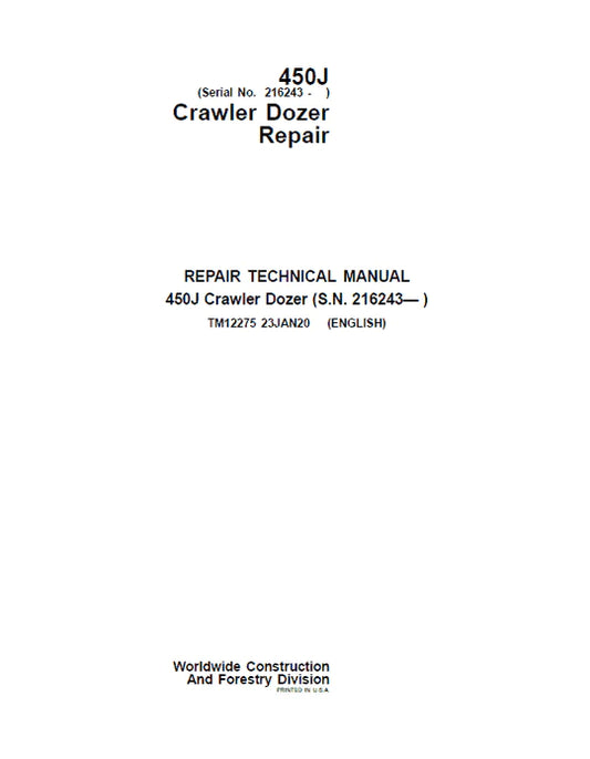 PDF John Deere 450J Crawler Dozer Service Manual TM12275