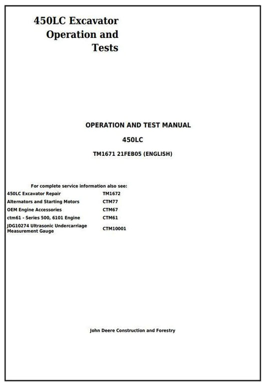 PDF John Deere 450LC Excavator Diagnostic, Operation and Test Service Manual TM1671