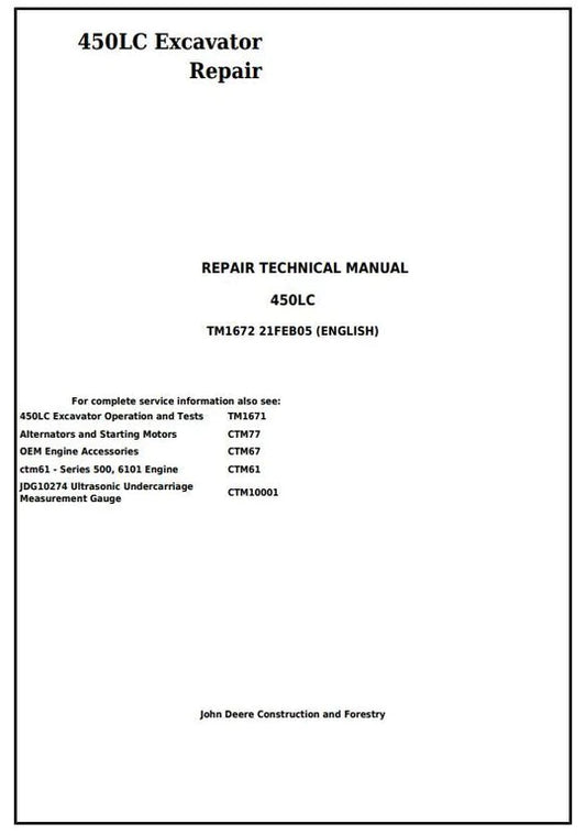 PDF John Deere 450LC Excavator Technical Service Repair Manual TM1672