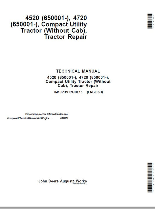 PDF John Deere 4520 4720 Compact Utility Tractor W O Cab Repair Service Manual TM105119