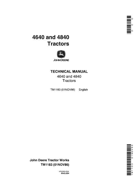 PDF John Deere 4640, 4840 Tractor Service Manual TM1183