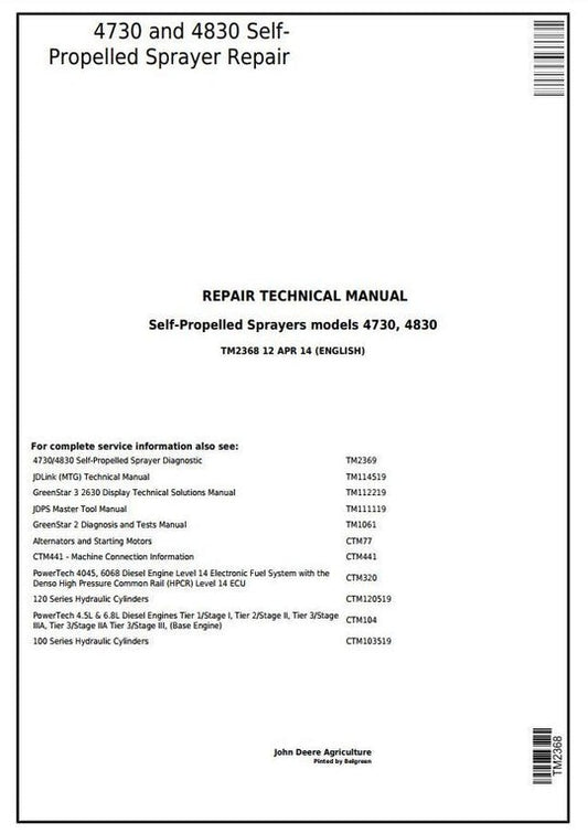 PDF John Deere 4730 4830 Self-Propelled Sprayer Repair Service Manual TM2368