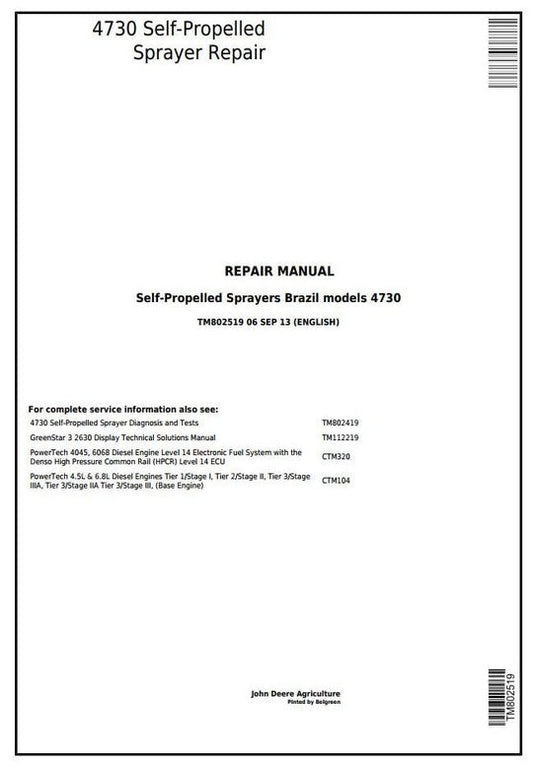 PDF John Deere 4730 Self-Propelled Sprayer Repair Service Manual TM802519